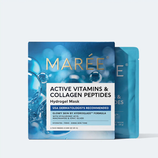 Marée Active Vitamins & Collagen Peptides Hydrogel Mask packaging, featuring a blue and white box with gold lettering and a second blue sachet behind it on a light gray background.