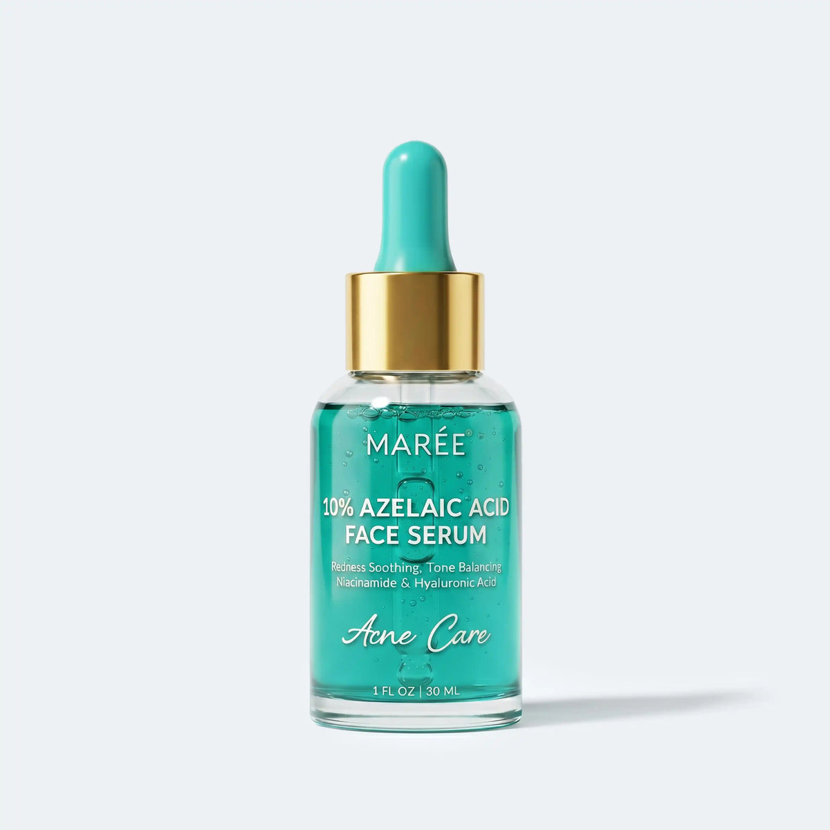 MARÉE 10% Azelaic Acid Face Serum in a 1 fl oz glass bottle with a turquoise dropper cap and gold collar, on a light gray background.
