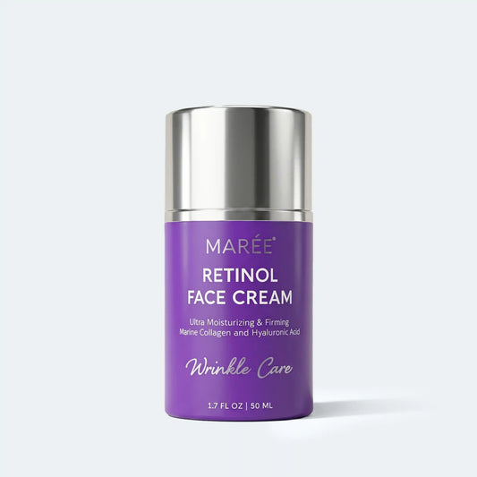 A purple jar of MARÉE Retinol Face Cream with a shiny silver cap, centered on a light gray background.