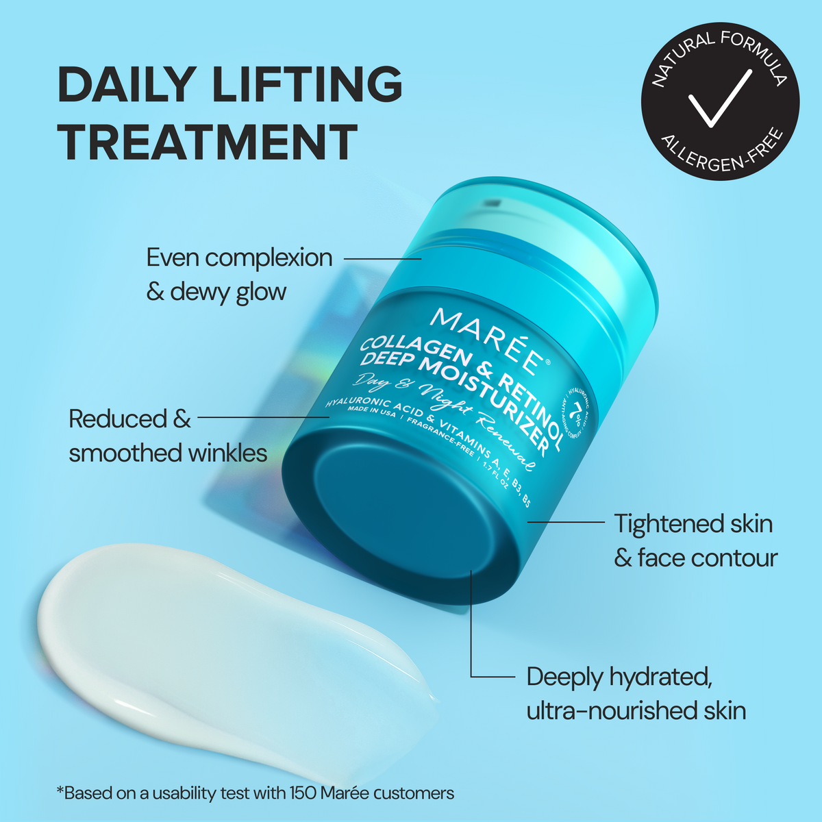 Marée collagen and retinol moisturizer with text highlighting benefits on a blue background