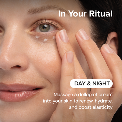 Close-up of a woman applying cream to her face with text about skincare routine.