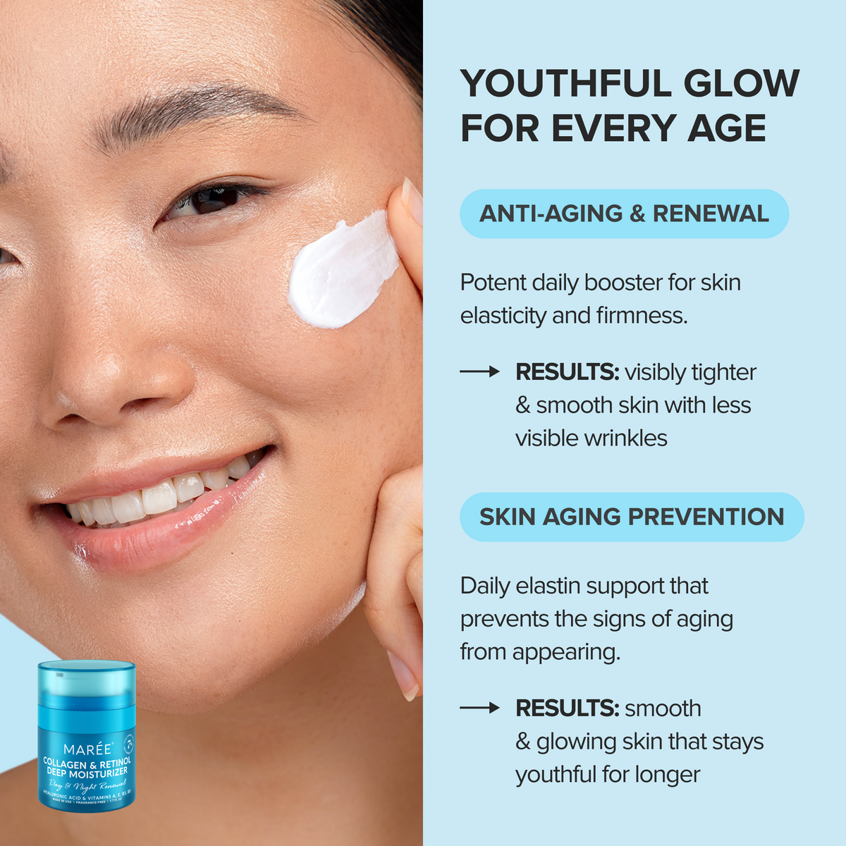 Woman applying cream to her face with product packaging on a light blue background