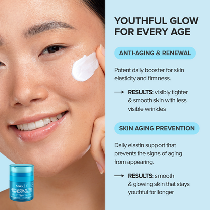 Woman applying cream to her face with product packaging on a light blue background