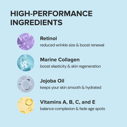 List of high-performance ingredients with corresponding benefits on a light blue background