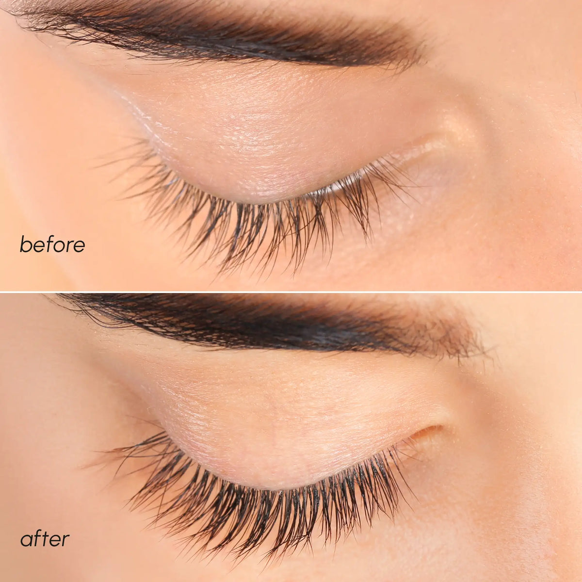 Before and after comparison of eyelashes with labeled 'before' and 'after'.