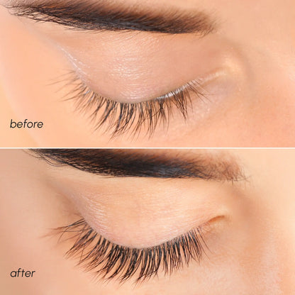 Before and after comparison of eyelashes with labeled 'before' and 'after'.