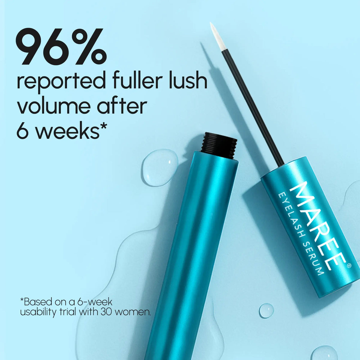 Maree eyelash serum with text on a light blue background