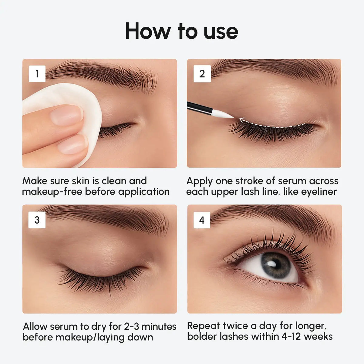 Instructions on how to use a eyelash serum with step-by-step images and text.