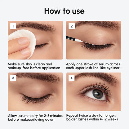 Instructions on how to use a eyelash serum with step-by-step images and text.