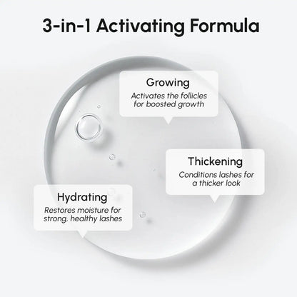 3-in-1 activating formula for eyelashes with text labels on a white background