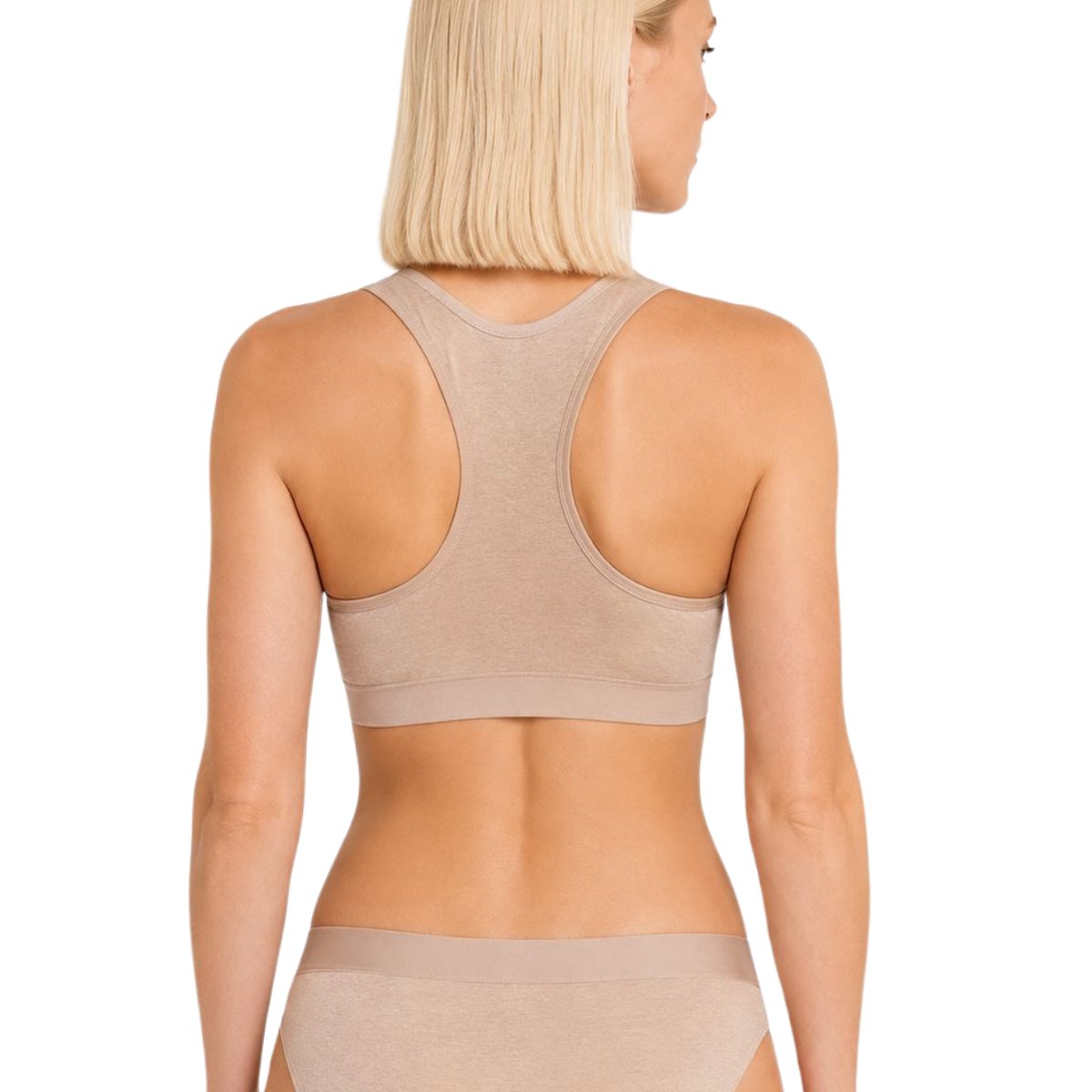 Organic Cotton & Hemp Racerback Bralette in Mocha, styled look on a white background