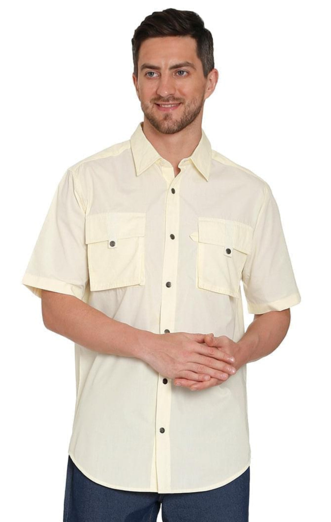 Turtle Bay men's short sleeve explorer snap shirt, studio photo on a white background