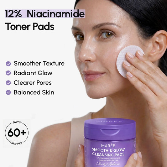 Woman using MARéE toner pads with product packaging on a white background