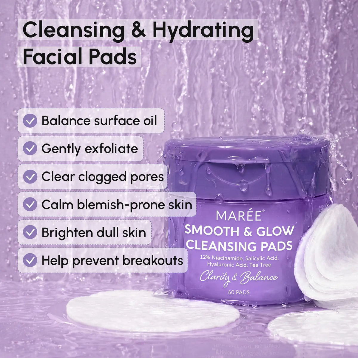 Maree Smooth & Glow cleansing pads with benefits listed on a purple background