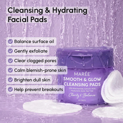Maree Smooth & Glow cleansing pads with benefits listed on a purple background