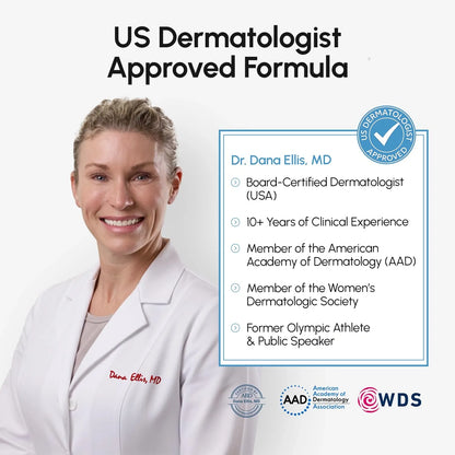 Dermatologist Dr. Dana Ellis with credentials and approvals on a white background
