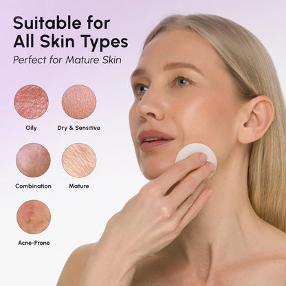 Woman applying cream to her face with skin type chart on a light purple background