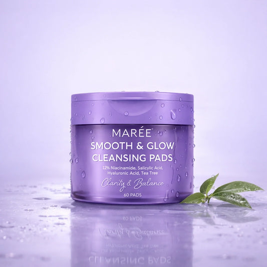 Purple container of Maree Smooth & Glow Cleansing Pads on a light purple background