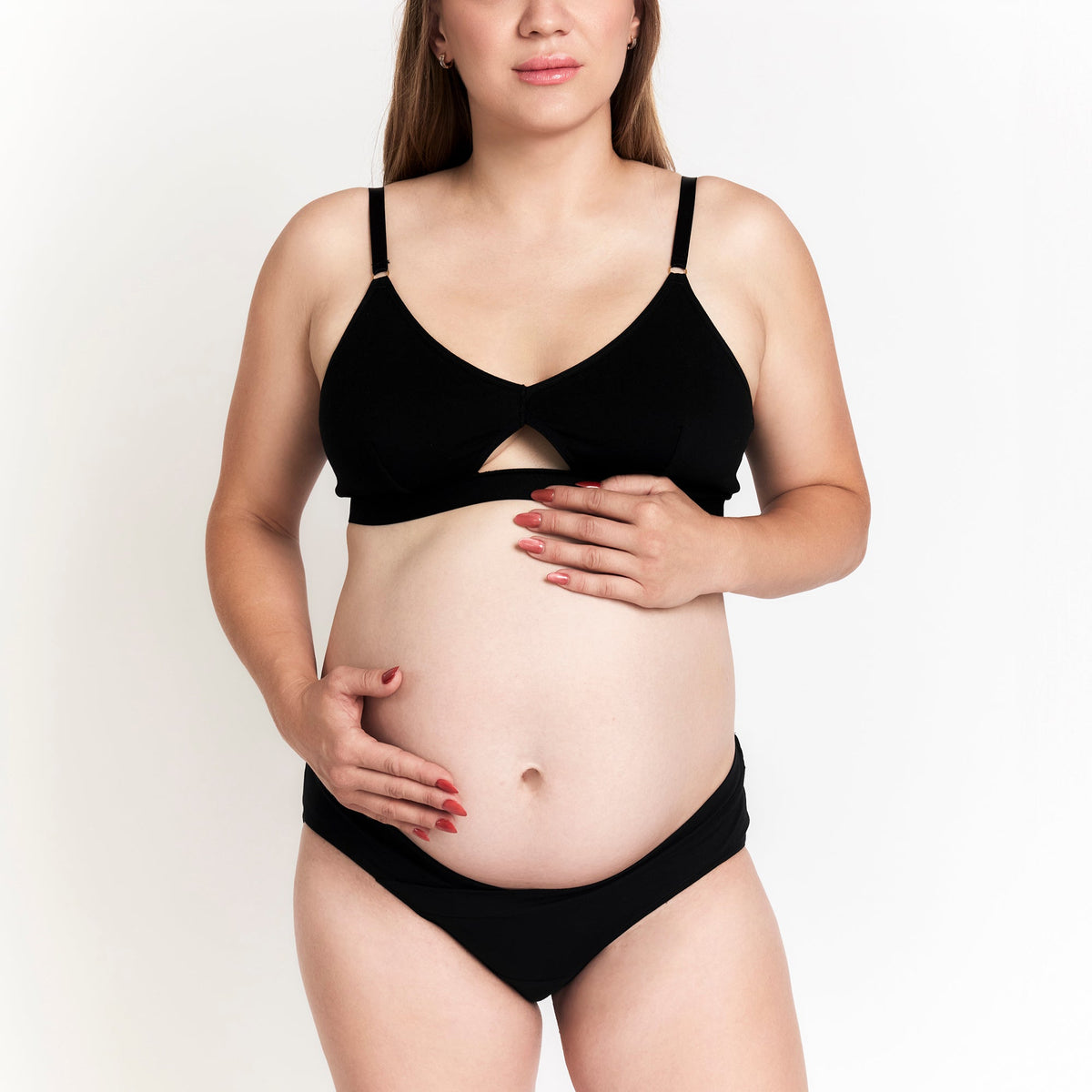 Organic Cotton Maternity Brief in Black, worn as a set on a white background