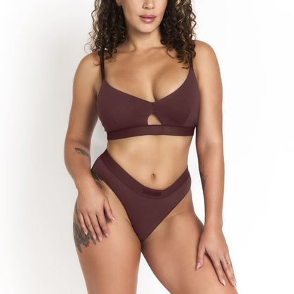 Organic Cotton & Hemp Keyhole Bra in Sour Cherry, styled photo