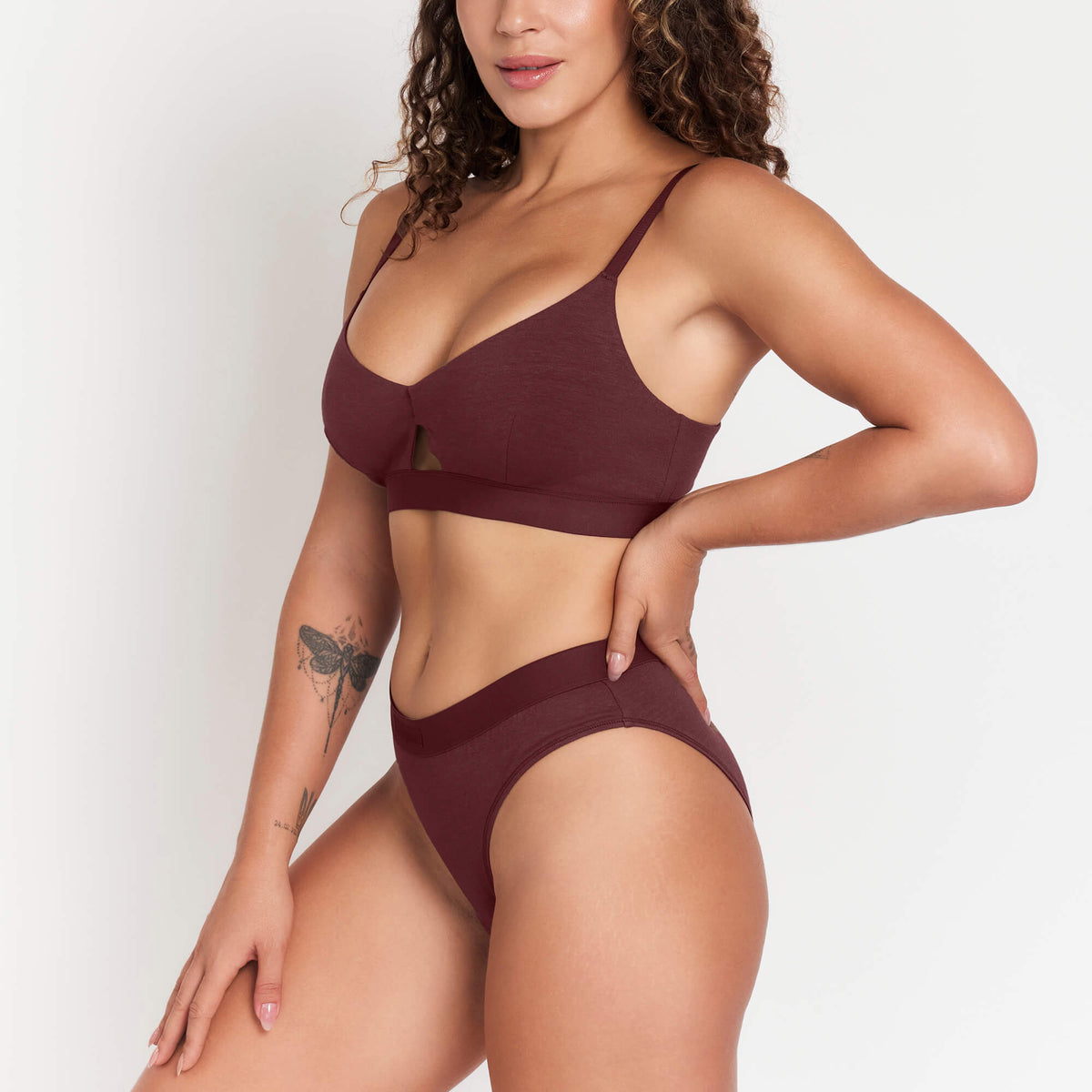 Hemp & Organic Cotton Mid-Rise Brief in Sour Cherry, styled photo