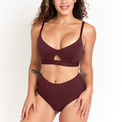 Hemp & Organic Cotton High-Rise Brief in Sour Cherry, styled photo