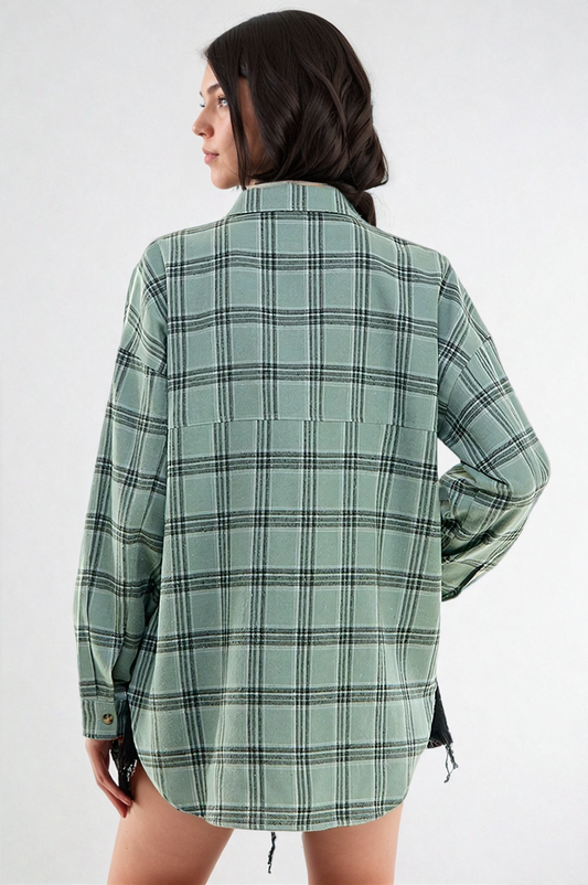 Person wearing a green plaid shirt against a white background