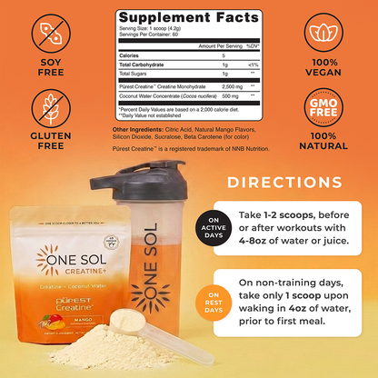 Supplement packaging with One Sol Creatine, including supplement facts, directions, and product features on an orange background.