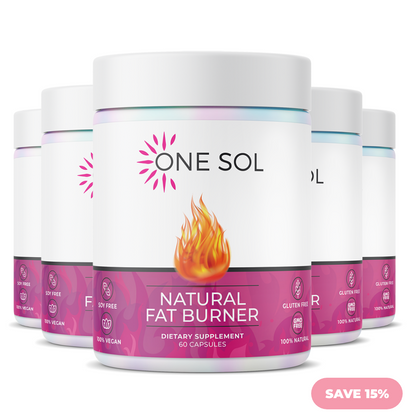 One Sol Natural Fat Burner supplement container with a pink label and flame graphic on a white background.
