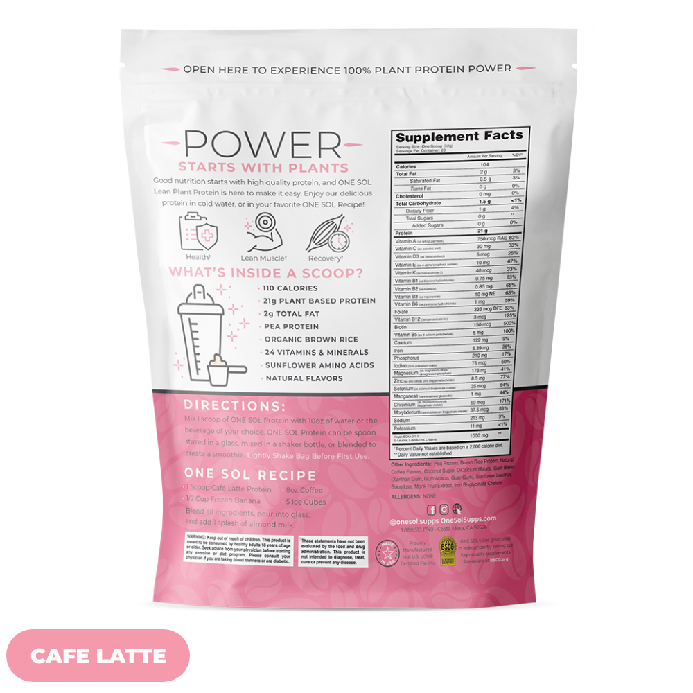 Protein powder package with supplement facts and directions on a white background