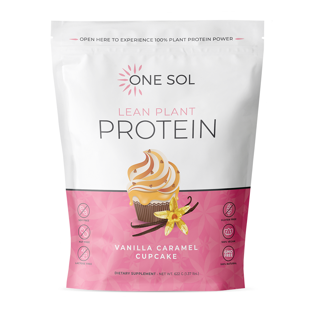 One Sol Lean Plant Protein package with vanilla caramel cupcake flavor on a white background