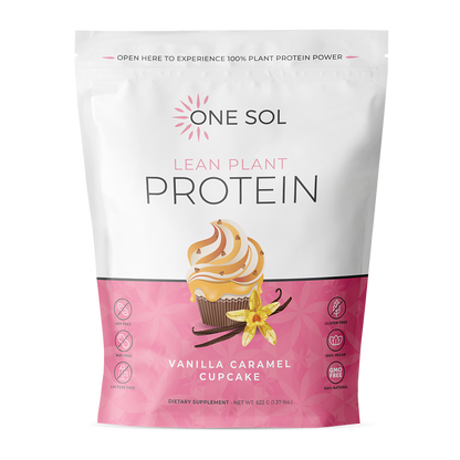 One Sol Lean Plant Protein package with vanilla caramel cupcake flavor on a white background
