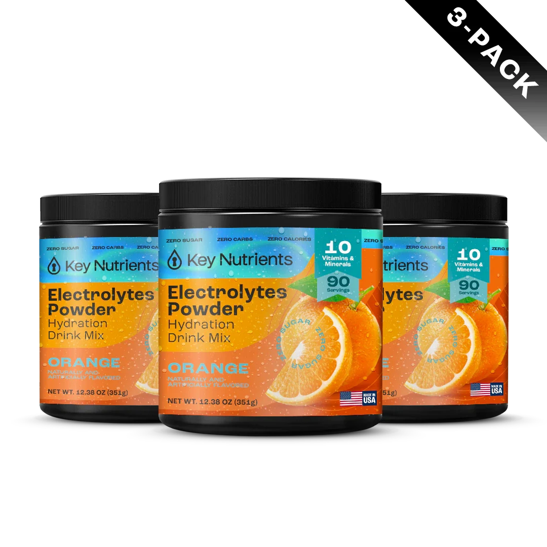 Key Nutrients Electrolyte Recovery Plus powder in Orange, three-pack packaging