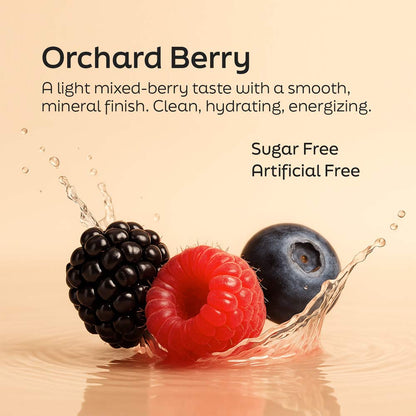 Orchard Berry flavor description with blackberry, raspberry, and blueberry in water on a beige background
