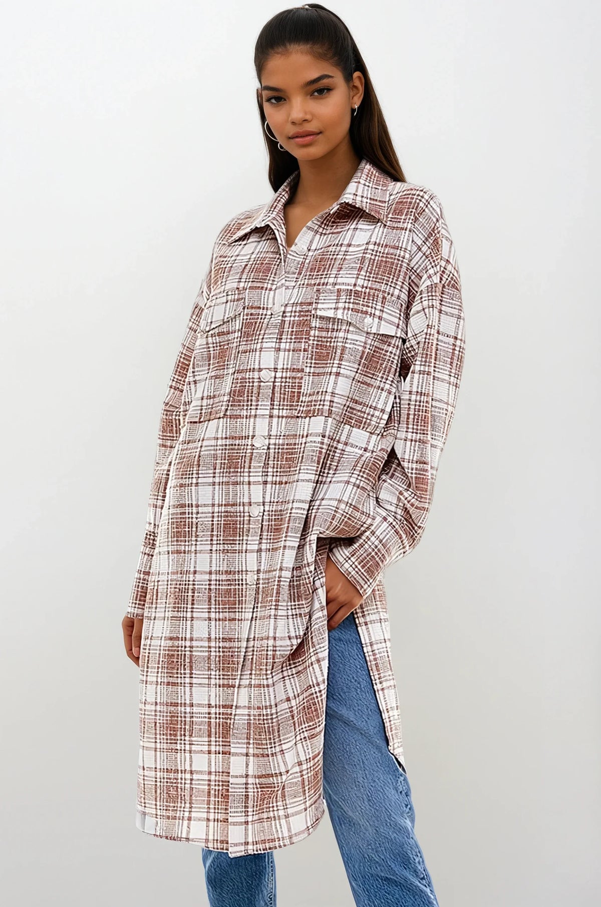 Fitkitty Culture oversized long plaid shacket, product view 2