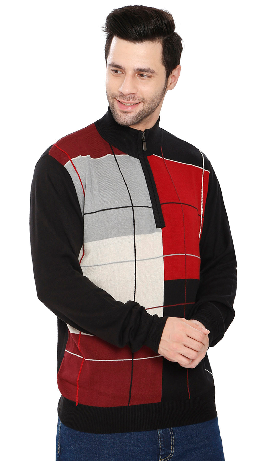 Man wearing a black, red, gray, and white checkered jacket on a white background