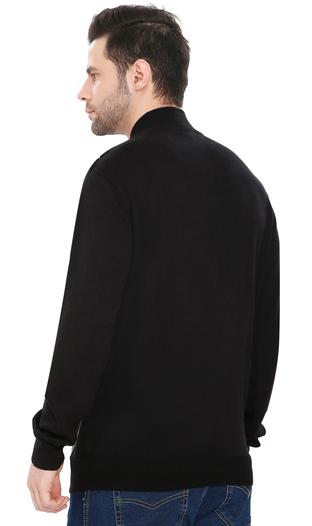 Man wearing a black jacket on a white background
