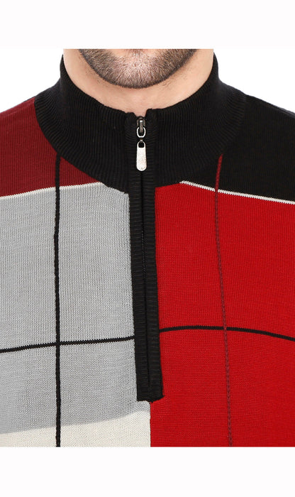 Color-blocked sweater with red, gray, and black sections on a white background