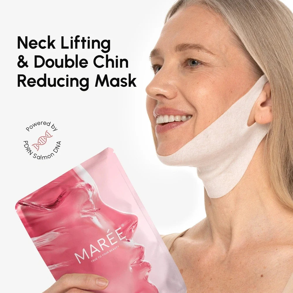A woman wearing a white neck-lifting chin mask is shown in profile against a light gray background, holding a pink MARÉE pouch. Text on the image reads 'Neck Lifting & Double Chin Reducing Mask' and includes a 'Powered by salmon DNA' badge.