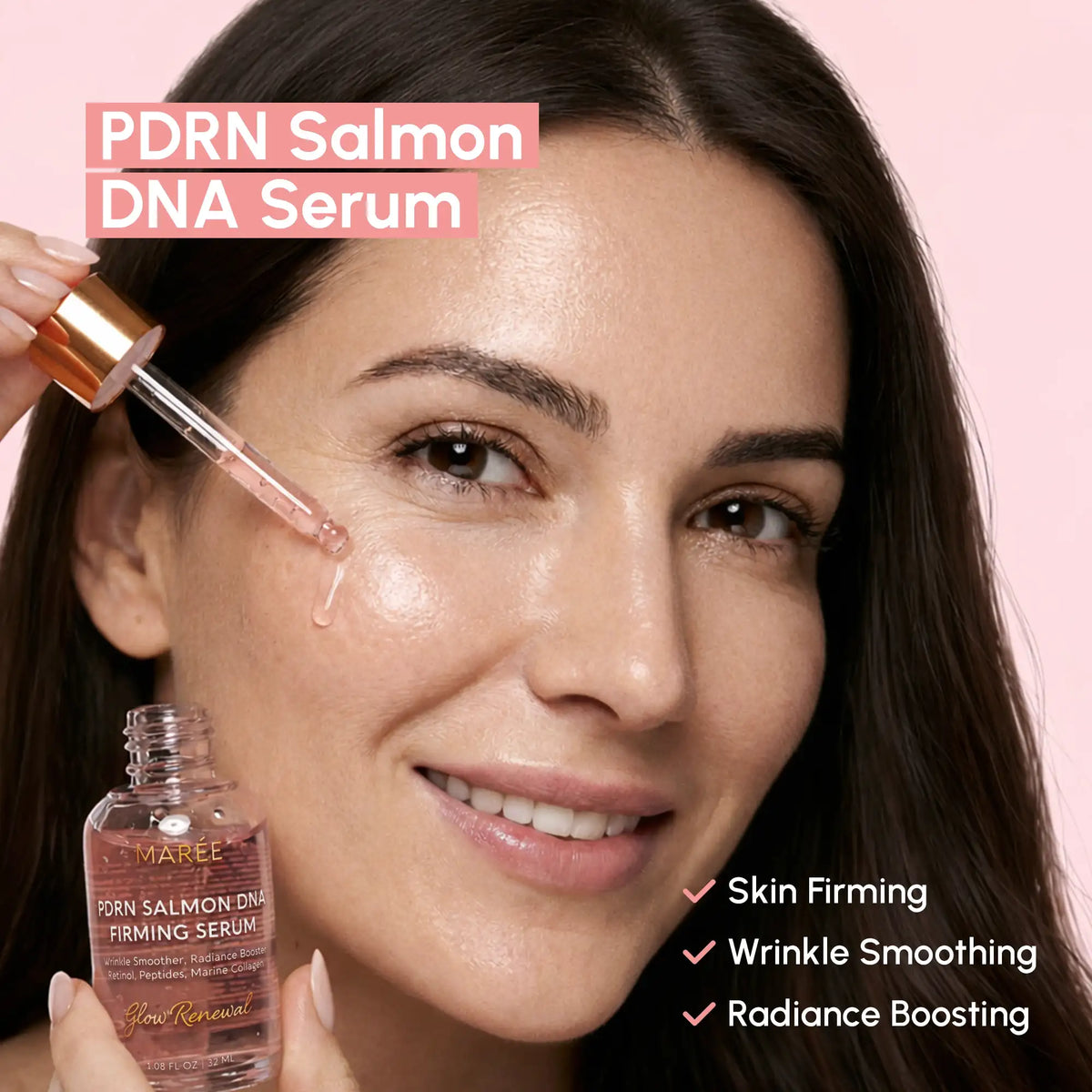 Woman applying PDRN Salmon DNA Serum to her face with a pink background