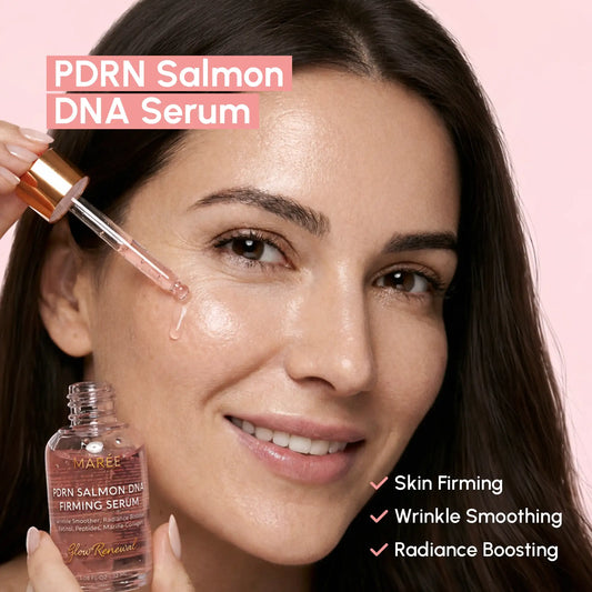 Woman applying PDRN Salmon DNA Serum to her face with a pink background