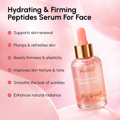 Maré salmon DNA firming serum bottle with text highlighting benefits on a pink background