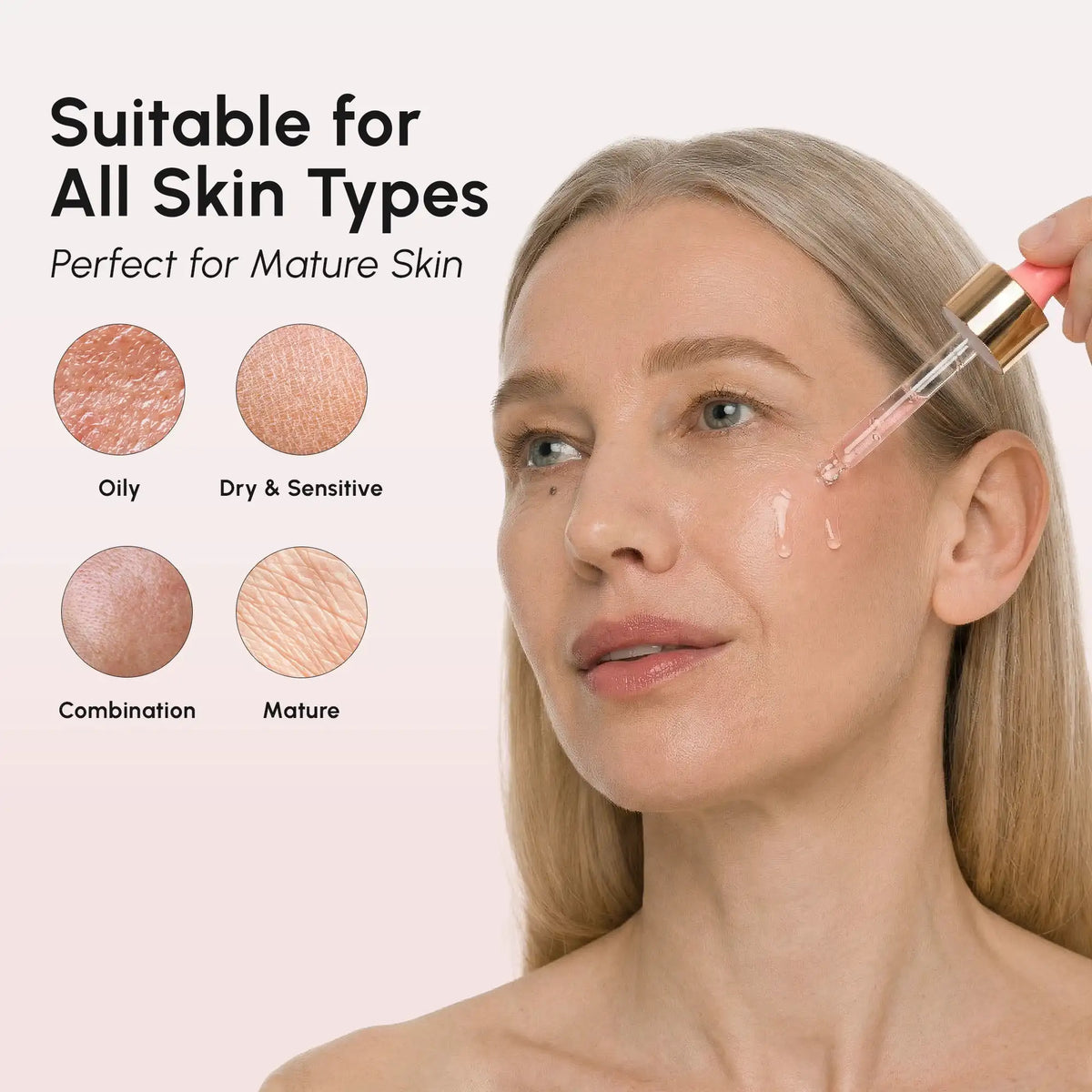 Woman applying skincare product with text indicating suitability for all skin types.
