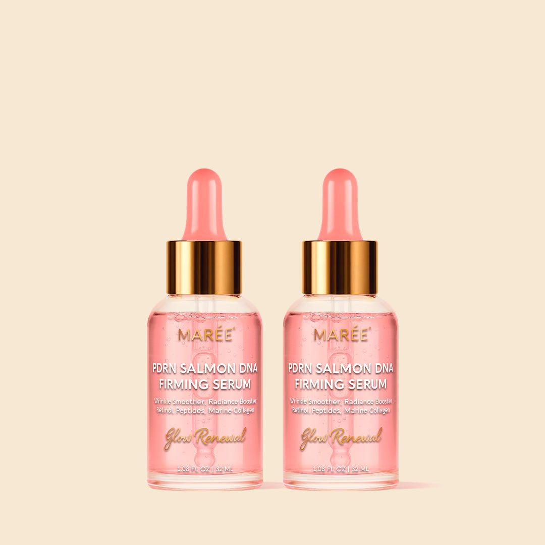 Two bottles of Maré Firm Renewal Serum on a beige background