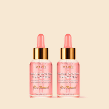 Two bottles of Maré Firm Renewal Serum on a beige background