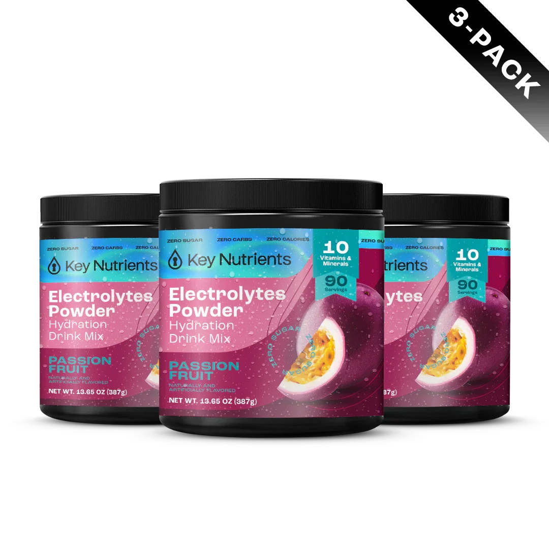 Key Nutrients Electrolyte Recovery Plus powder in Passion Fruit, three-pack packaging