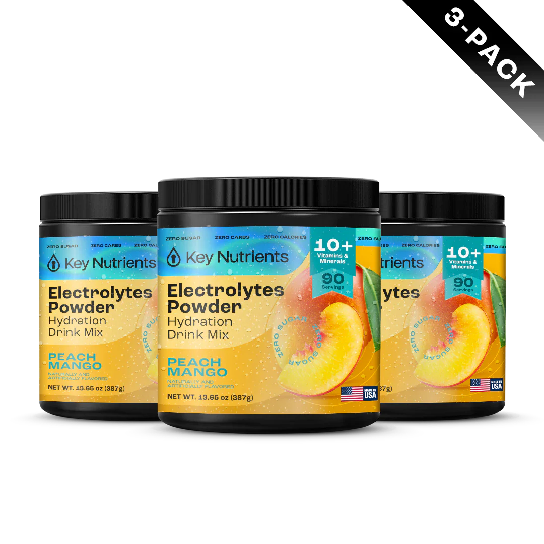 Key Nutrients Electrolyte Recovery Plus powder in Peach Mango, three-pack packaging