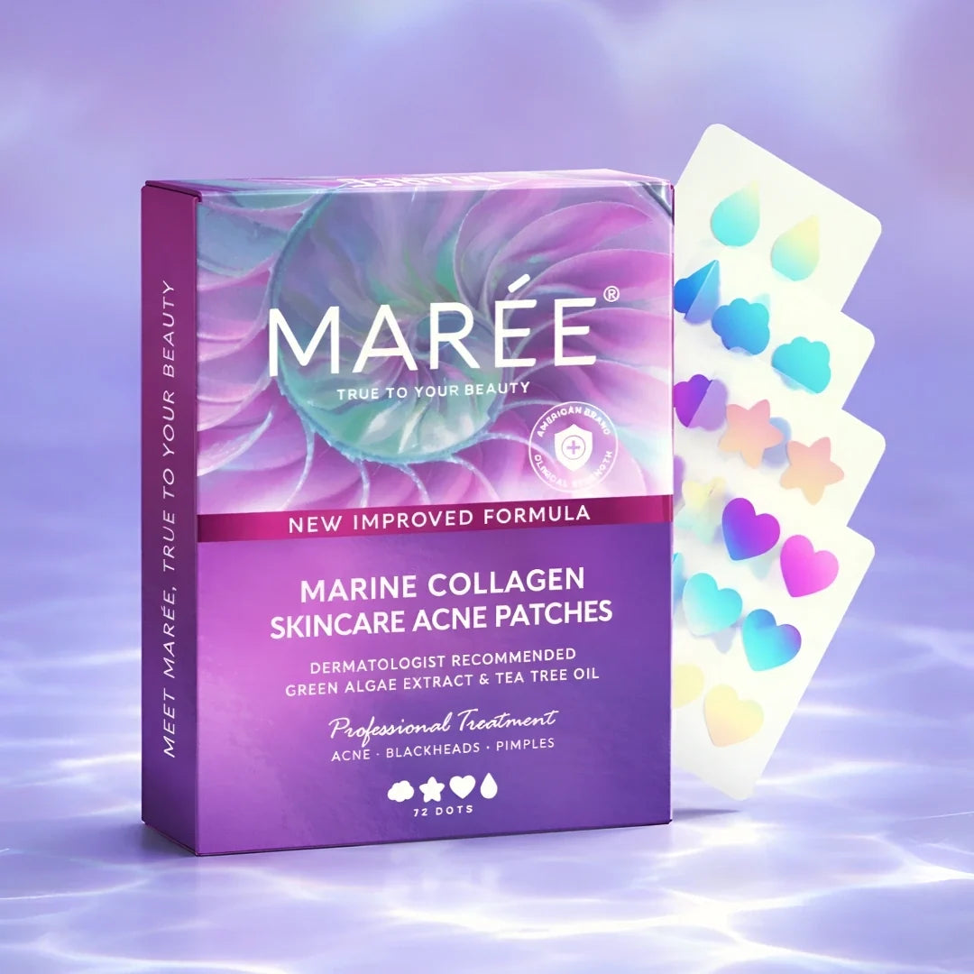 Marée Marine Collagen Skincare Acne Patches box in purple packaging, shown with three fanned-out patch sheets decorated with pastel rainbow star and heart shapes on a purple gradient background.