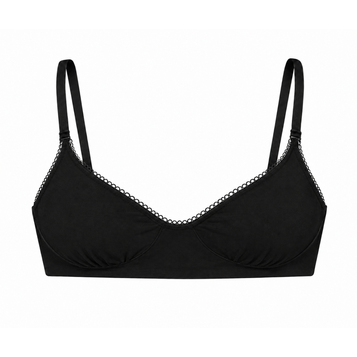 A black wireless bra with thin adjustable shoulder straps and delicate chain-link trim along the underwire, shown against a plain white background.