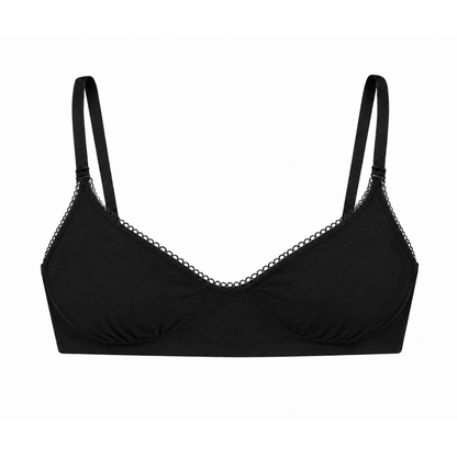 A black wireless bra with thin adjustable shoulder straps and delicate chain-link trim along the underwire, shown against a plain white background.